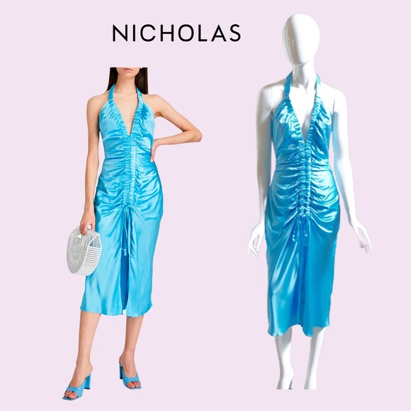 NICHOLAS NEW Dopamine ALLIA Sky Barbiecore Halter Ruche Silk Midi Dress 4 - Picture 1 of 12